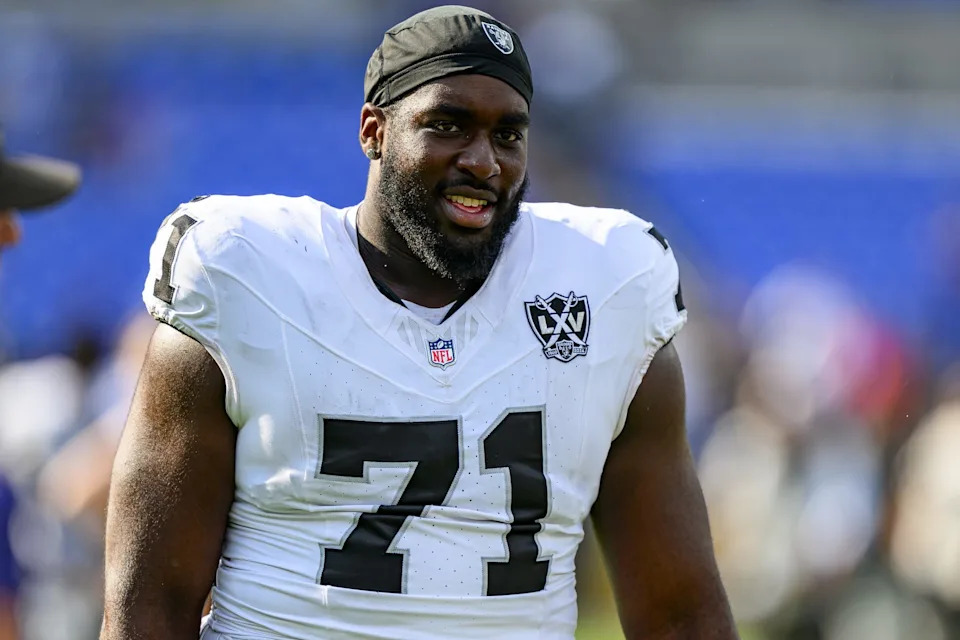 Sep 15, 2024; Baltimore, Maryland, USA; Las Vegas Raiders offensive tackle DJ Glaze (71) walks off of the field following the game against the Baltimore Ravens at M&T Bank Stadium. Mandatory Credit: Reggie Hildred-Imagn Images