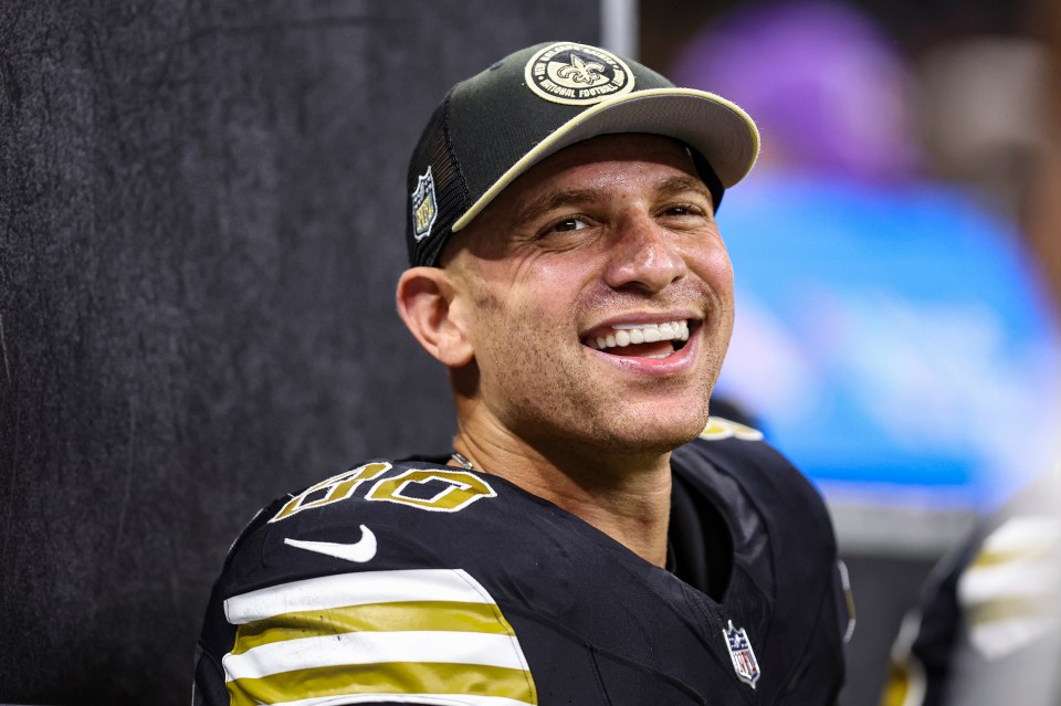 NEW ORLEANS, LA - DECEMBER 10: Jimmy Graham #80 of the New Orleans Saints celebrates after scoring a touchdown during an NFL football game against the Carolina Panthers at Caesars Superdome on December 10, 2023 in New Orleans, LA. (Photo by Perry Knotts/Getty Images)