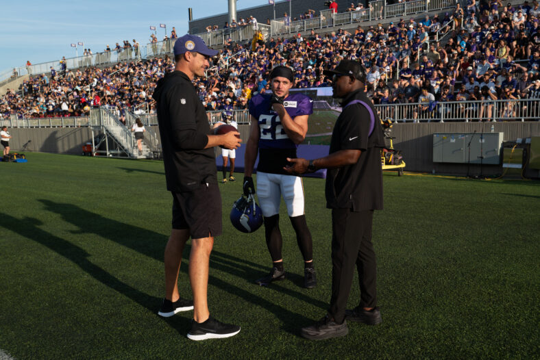 Kevin O'Connell, Brian Flores and Harrison Smith - Minnesota Vikings practice