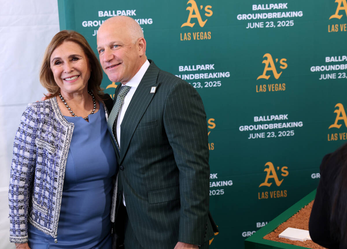 Las Vegas City Councilwoman Victoria Seaman poses with A’s President Marc Badain during ...