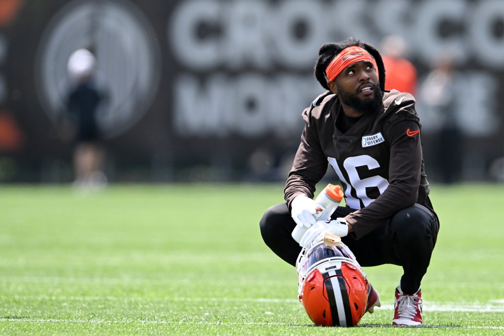 Diontae Johnson #16 of the Cleveland Browns looks on during Cleveland Browns mandatory minicamp at CrossCountry Mortgage Campus on June 10, 2025 in Berea, Ohio. 