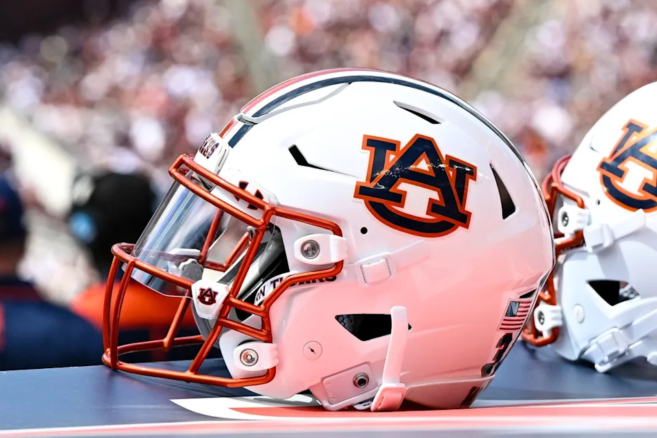 Sep 23, 2023; College Station, Texas, USA; A detailed view of an Auburn Tigers helmet on the sideline of the game against the Texas A&M Aggies at Kyle Field.© Maria Lysaker-USA TODAY Sports