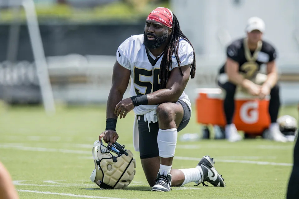 Jun 13, 2023; New Orleans, LA, USA; New Orleans Saints linebacker Demario Davis (56) looks on during minicamp at the Ochsner Sports Performance Center. Mandatory Credit: Stephen Lew-USA TODAY Sports