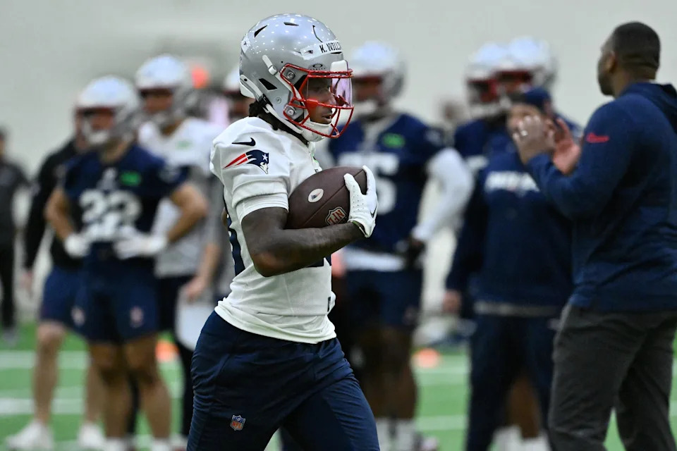 May 9, 2025; Foxborough, MA, USA; New England Patriots wide receiver Kyle Williams (18) runs with the ball during rookie camp at Gillette Stadium. Mandatory Credit: Eric Canha-Imagn Images