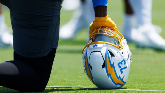 A detail view of a Los Angeles Chargers helmet during an OTA practice session at The Bolt on May 27, 2025 in El Segundo, California. A detail view of a Los Angeles Chargers helmet during an OTA practice session at The Bolt on May 27, 2025 in El Segundo, California.