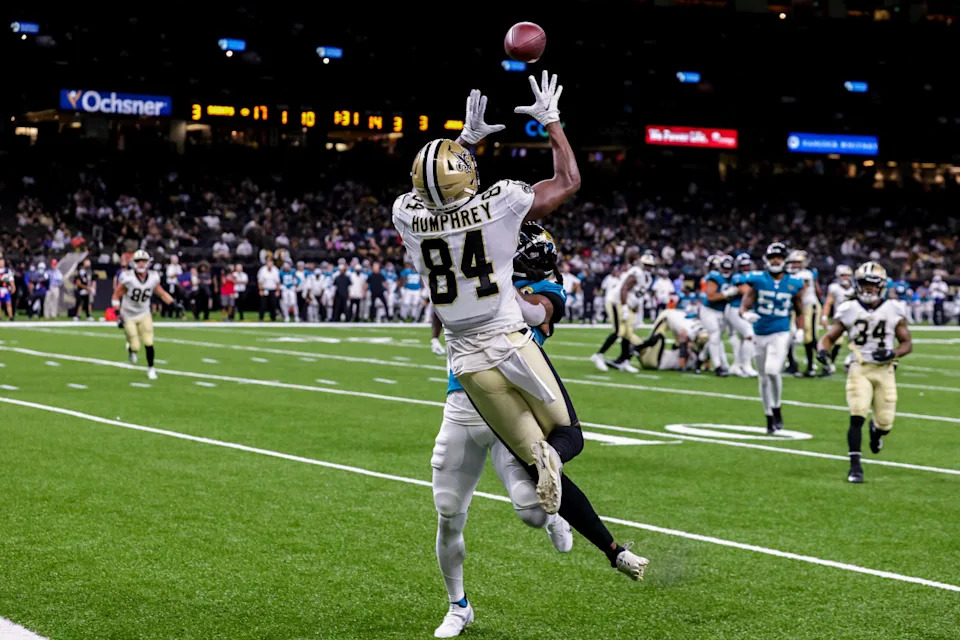 Aug 23, 2021; New Orleans Saints wide receiver Lil'Jordan Humphrey (84) catches a touchdown pass against the Jacksonville Jaguars. Mandatory Credit: Stephen Lew-Imagn Images