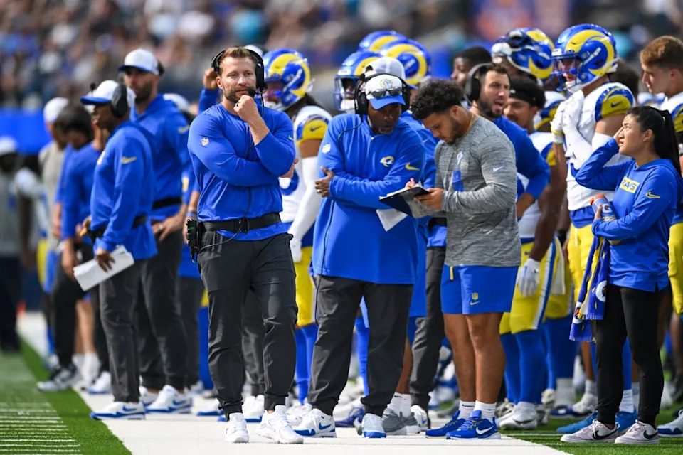Aug 11, 2024; Inglewood, California, USA; Los Angeles Rams head coach Sean McVay on the sideline with coaching staff against the Dallas Cowboys during the fourth quarter at SoFi Stadium. Jonathan Hui-USA TODAY SportsJonathan Hui-USA TODAY Sports