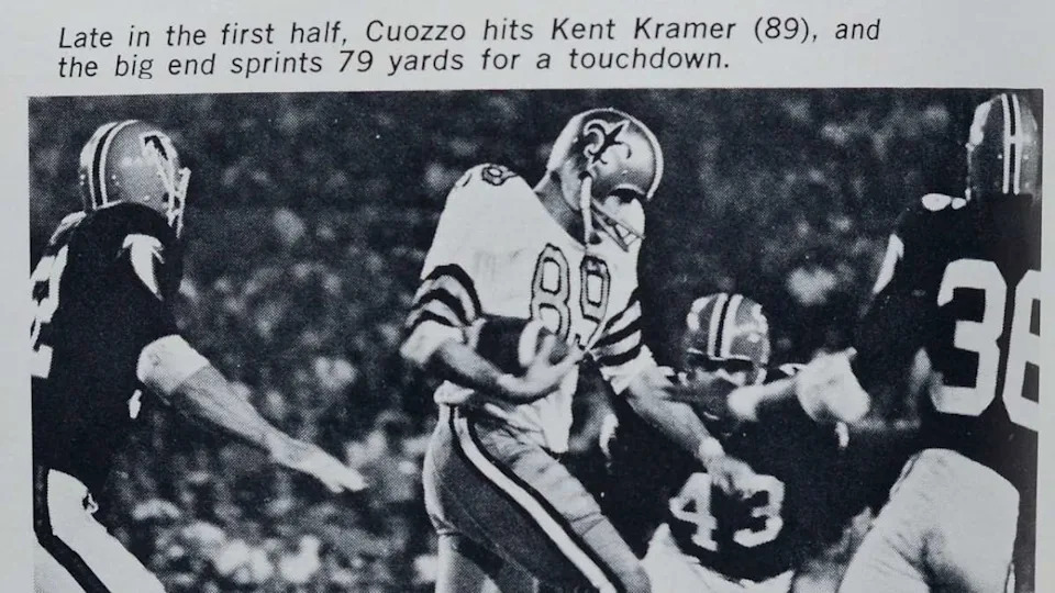 New Orleans Saints tight end Kent Kramer (89) catches a touchdown against the Atlanta Falcons during a 1967 game. Credit: neworleanssaints.com