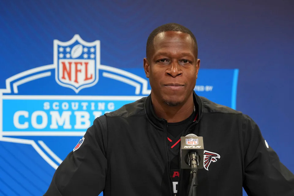 Atlanta Falcons coach Raheem Morris speaks during the NFL Scouting Combine at the Indiana Convention Center.Kirby Lee