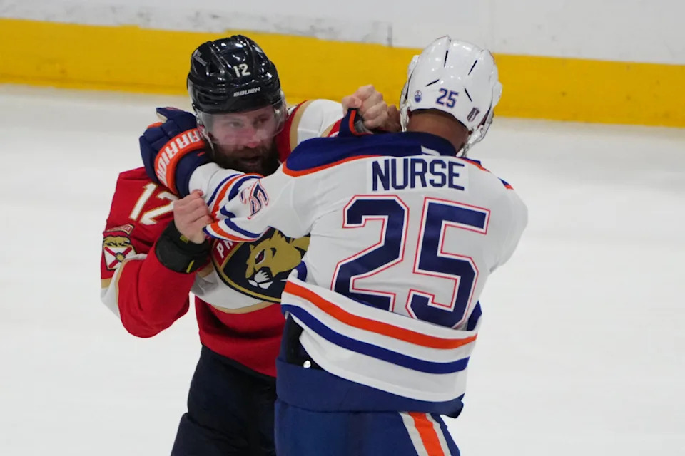Florida Panthers forward Jonah Gadjovich (12) and Edmonton Oilers defenseman Darnell Nurse (25) fight during the 2025 Stanley Cup Final.Jim Rassol-Imagn Images