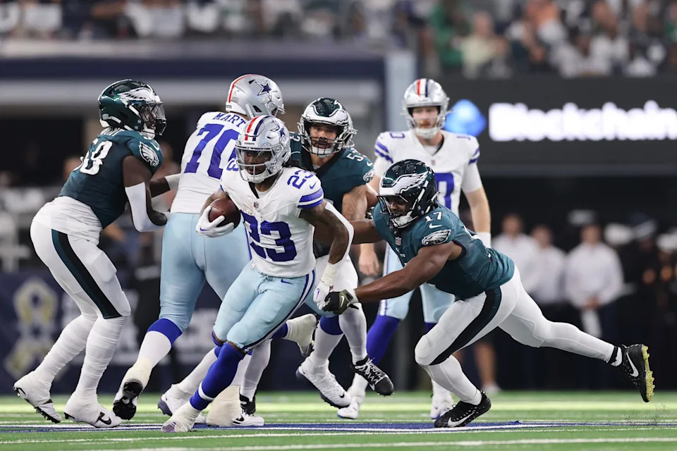 ARLINGTON, TEXAS - NOVEMBER 10: Rico Dowdle #23 of the Dallas Cowboys runs with the ball during the second quarter against the Philadelphia Eagles at AT&T Stadium on November 10, 2024 in Arlington, Texas. (Photo by Sam Hodde/Getty Images)