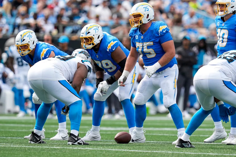 Los Angeles Chargers offensive tackle Joe Alt (76), offensive tackle Trey Pipkins III (79), and center Bradley Bozeman (75) line upJim Dedmon-Imagn Images