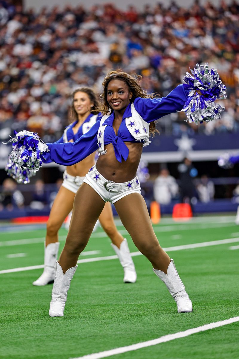 ARLINGTON, TX - JANUARY 05: The Dallas Cowboys Cheerleaders cheer during the game between the Dallas Cowboys and the Washington Commanders on January 5, 2025 at AT&T Stadium in Arlington, Texas. (Photo by Matthew Pearce/Icon Sportswire via Getty Images)