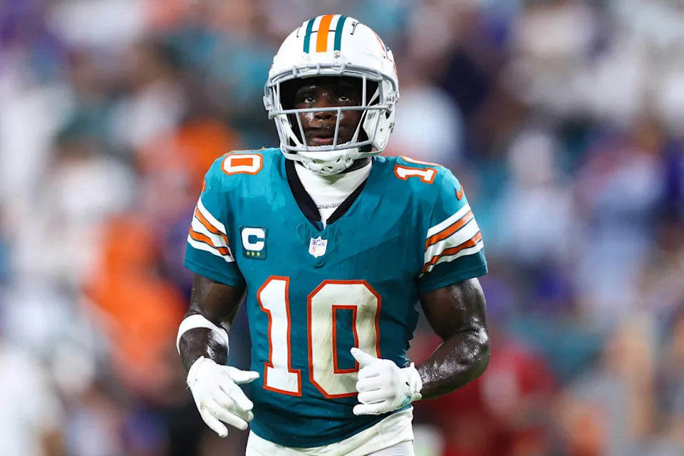 MIAMI GARDENS, FLORIDA - SEPTEMBER 12: Tyreek Hill #10 of the Miami Dolphins looks on against the Buffalo Bills during the second quarter of the game at Hard Rock Stadium on September 12, 2024 in Miami Gardens, Florida. (Photo by Megan Briggs/Getty Images)Megan Briggs/Getty Images