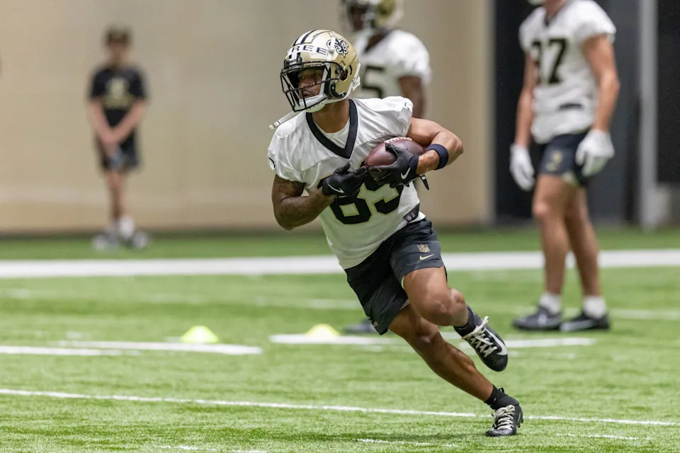 New Orleans Saints receiver Chris Tyree (89) during rookie minicamp at Ochsner Sports Performance Center. Mandatory Credit: Stephen Lew-Imagn Images