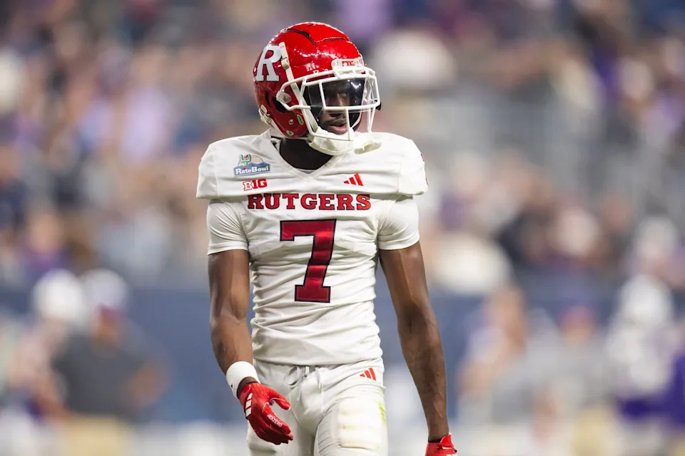 Dec 26, 2024; Phoenix, AZ, USA; Rutgers Scarlet Knights defensive back Robert Longerbeam (7) against the Kansas State Wildcats during the Rate Bowl at Chase Field. Mandatory Credit: Mark J. Rebilas-Imagn Images