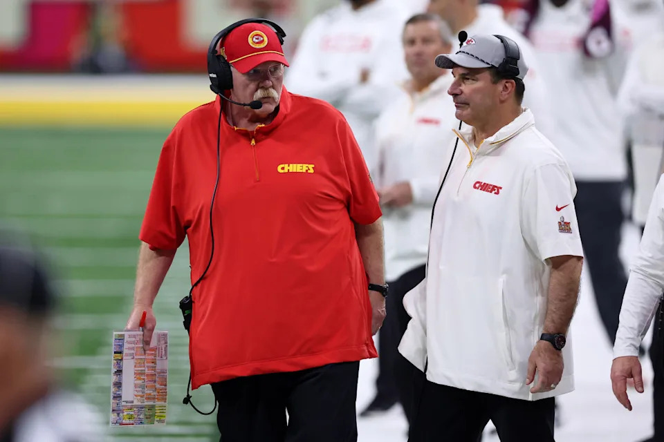 Kansas City Chiefs head coach Andy Reid and defensive line coach Joe Cullen looks on from the sideline of Super Bowl LIX at Caesars Superdome.Bill Streicher-Imagn Images