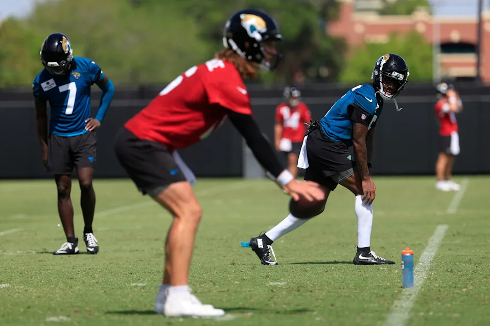 Jacksonville Jaguars wide receiver Dyami Brown (5) looks to quarterback Trevor Lawrence (16) during the 10th organized team activity at Miller Electric Center Wednesday, June 4, 2025 in Jacksonville, Fla. [Corey Perrine/Florida Times-Union]