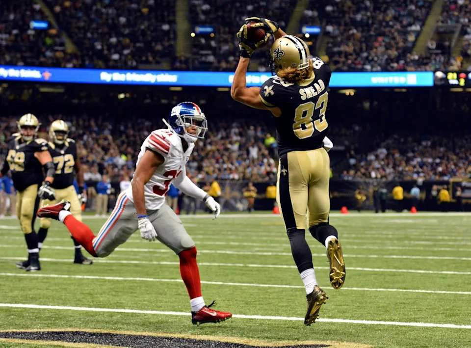 Nov 1, 2015; New Orleans Saints wide receiver Willie Snead (83) catches a touchdown pass against the New York Giants. Mandatory Credit: Matt Bush-Imagn Images
