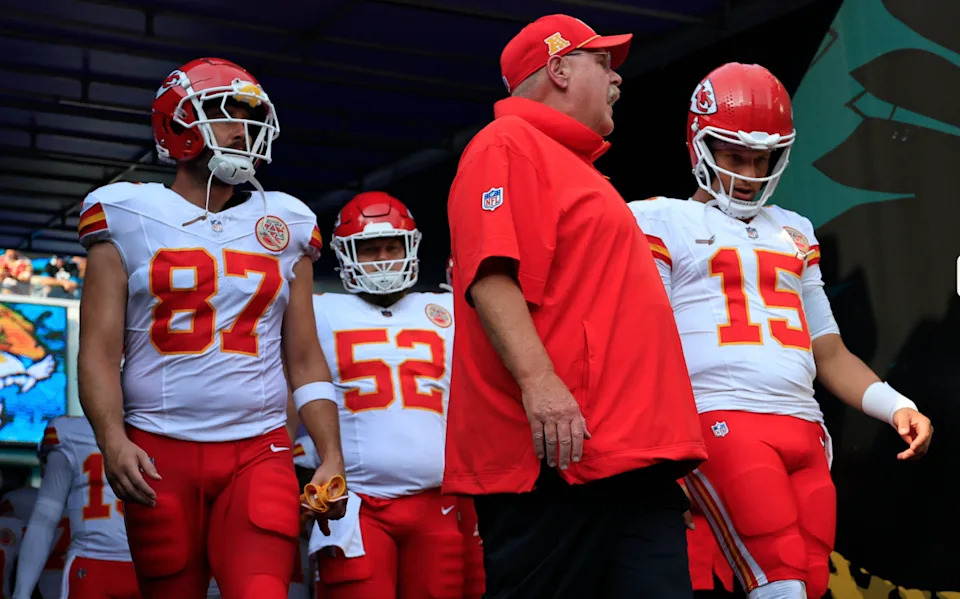 Kansas City Chiefs head coach Andy Reid, center, quarterback Patrick Mahomes and tight end Travis Kelce© Corey Perrine/Florida Times-Union / USA TODAY NETWORK