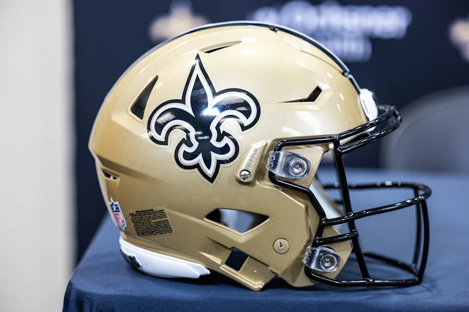 Mar 11, 2023; Metairie, LA, USA; Detailed view of New Orleans Saints helmet at Ochsner Sports Performance Center. Mandatory Credit: Stephen Lew-USA TODAY Sports