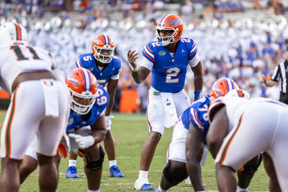 Aug 31, 2024; Gainesville, Florida, USA; Florida Gators quarterback DJ Lagway (2) gestures against the Miami Hurricanes during the second half at Ben Hill Griffin Stadium. Mandatory Credit: Matt Pendleton-USA TODAY Sports