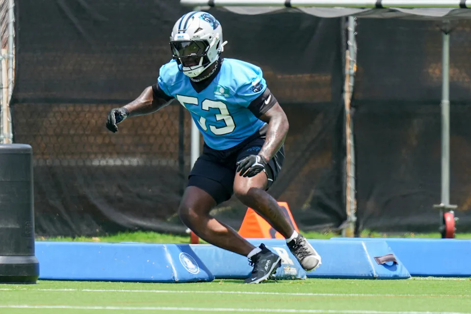 Jun 11, 2025; Charlotte, NC, USA; Carolina Panthers linebacker Claudin Cherelus (53) performs a mobility drill during minicamp at Bank of America Stadium. Mandatory Credit: Jim Dedmon-Imagn Images