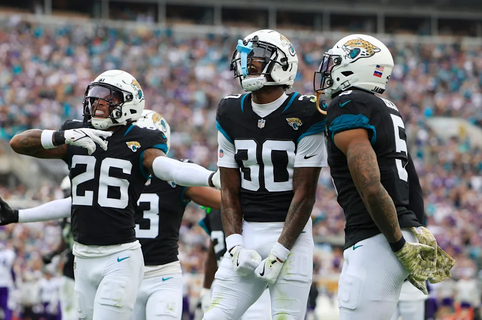 Jacksonville Jaguars cornerback Montaric Brown (30) celebrates his interception during the second quarter an NFL football matchup Sunday, Nov. 10, 2024 at Everbank Stadium in Jacksonville, Fla. [Corey Perrine/Florida Times-Union]