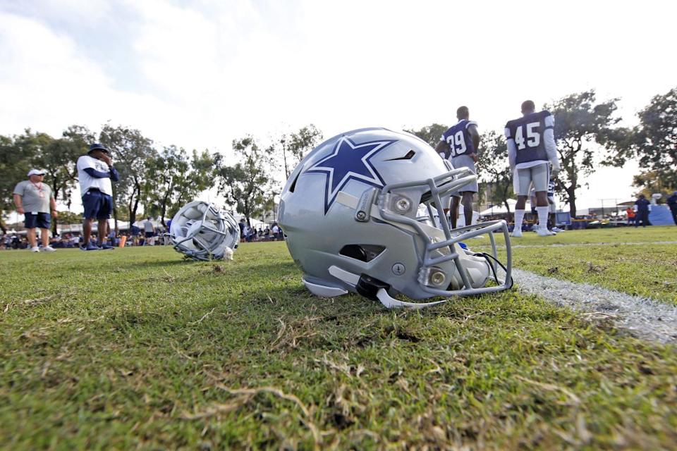 12 August 2019: Helmets of the Dallas Cowboys during day 12 of training camp at City of Oxnard Fields in Oxnard, California. Photo by James D. Smith/Dallas CowboysPhoto by James D&period; Smith&sol;Dallas Cowboys