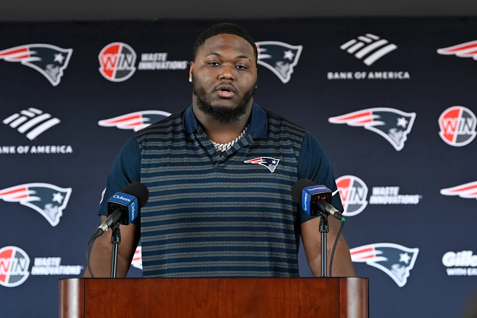 Mar 13, 2025; Foxborough, MA, USA; New England Patriots defensive tackle Milton Williams discusses his recent free agent addition to the Patriots with the media at Gillette Stadium. Mandatory Credit: Eric Canha-Imagn Images