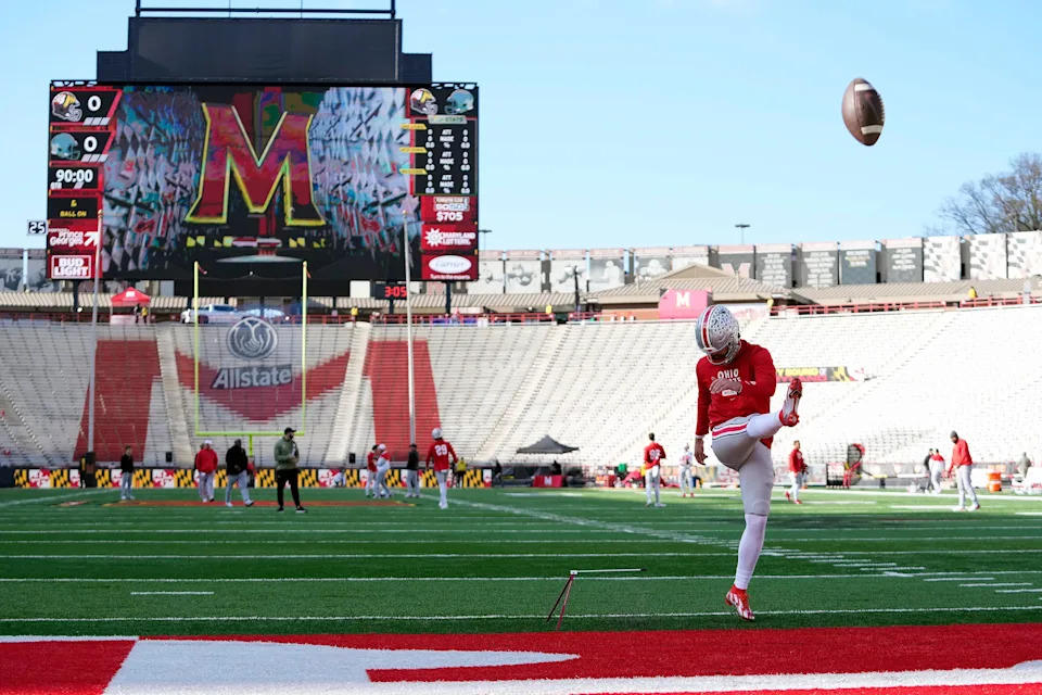 Nov 19, 2022; College Park, MD, USA; Ohio State Buckeyes punter Michael O'Shaughnessy (96) warms up before their game against Maryland Terrapins at SECU Stadium. Credit: Kyle Robertson/Columbus Dispatch-USA TODAY NETWORK