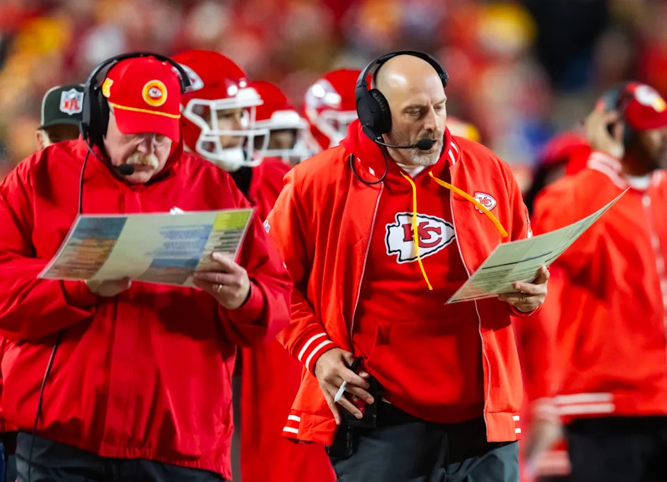 Kansas City Chiefs offensive coordinator Matt Nagy (right) and head coach Andy Reid.Mark J. Rebilas-Imagn Images