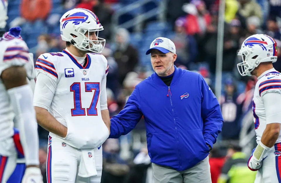 Buffalo Bills quarterback Josh Allen (17) and head coach Sean McDermott on the field before the start of the game against the New England Patriots at Gillette Stadium.David Butler II-Imagn Images