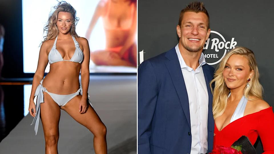 Camille Kostek on the runway in a bathing suit and Rob Gronkowski and Camille on the red carpet split