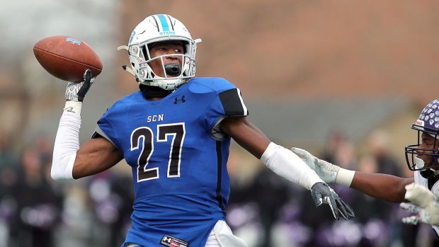 St. Charles North receiver Tyler Nubin prepares to release a touchdown pass against Rolling Meadows on Saturday, Nov. 3, 2018.