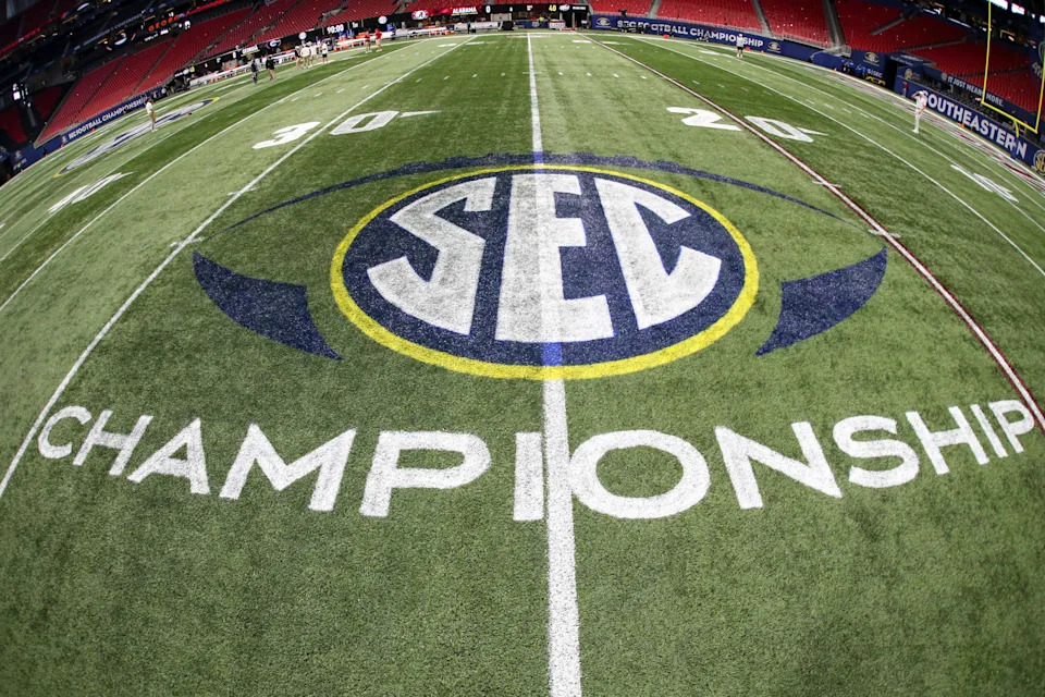 Dec 4, 2021; Atlanta, GA, USA; Detailed view of the SEC Championship logo on the field before the SEC championship game between the Georgia Bulldogs and Alabama Crimson Tide at Mercedes-Benz Stadium. Mandatory Credit: Brett Davis-USA TODAY Sports