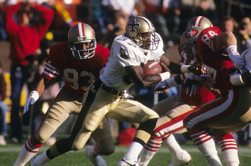 SAN FRANCISCO - DECEMBER 11: Mel J. Gray #37 of the New Orleans Saints looks to make a play during the game against the San Francisco 49ers at Candlestick Park on December 11, 1988 in San Francisco, California. The 49ers won 30-17. (Photo by George Rose/Getty Images)