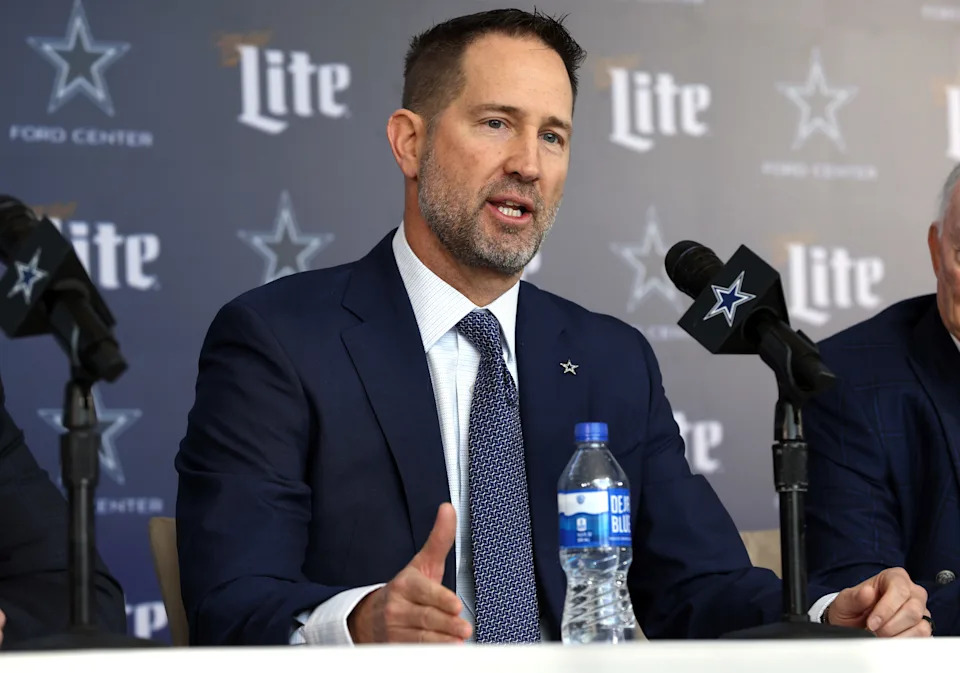 Jan 27, 2025; Frisco, TX, USA; Dallas Cowboys Head Coach Brian Schottenheimer speaks to the media at a press conference at the Star. Mandatory Credit: Tim Heitman-Imagn Images