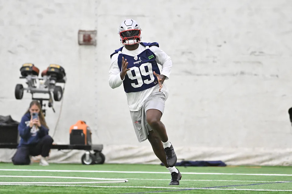 Jun 10, 2025; Foxborough, MA, USA; New England Patriots defensive end Keion White (99) does a drill during minicamp held in the WIN Field House at Gillette Stadium. Mandatory Credit: Eric Canha-Imagn Images