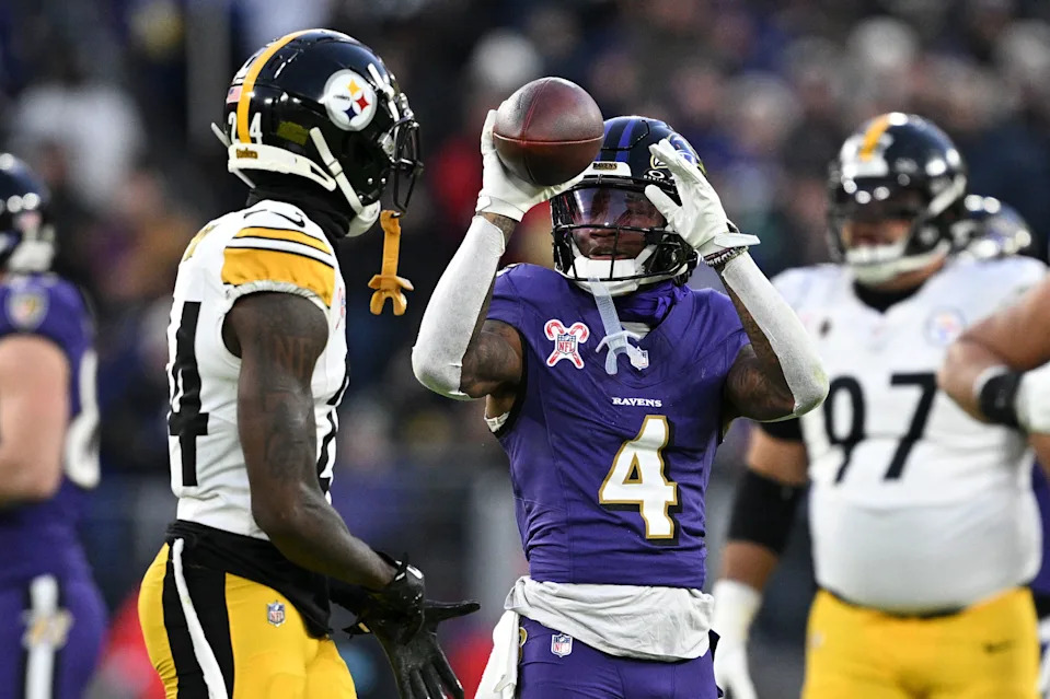 Dec 21, 2024; Baltimore, Maryland, USA; Baltimore Ravens wide receiver Zay Flowers (4) reacts after running for a first down against the Pittsburgh Steelers at M&T Bank Stadium. Mandatory Credit: Tommy Gilligan-Imagn Images