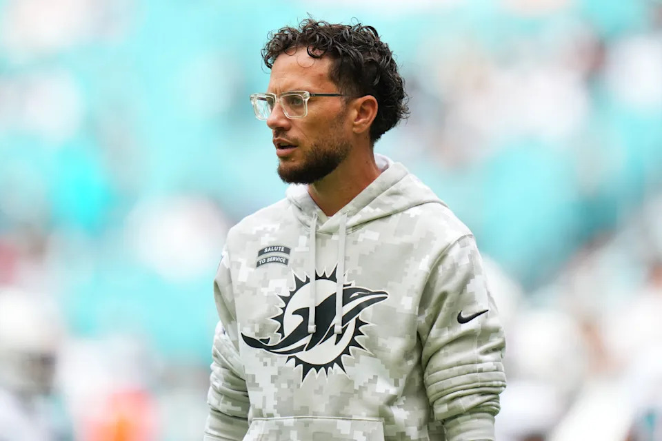 MIAMI GARDENS, FLORIDA - NOVEMBER 17: Miami Dolphins head coach Mike McDaniel looks on prior to a game against the Las Vegas Raiders at Hard Rock Stadium on November 17, 2024 in Miami Gardens, Florida. (Photo by Rich Storry/Getty Images)Rich Storry/Getty Images
