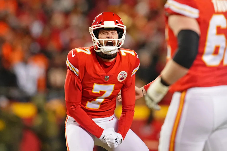 Jan 29, 2023; Kansas City, Missouri, USA; Kansas City Chiefs place kicker Harrison Butker (7) celebrates after making a game-winning field goal against the Cincinnati Bengals during the fourth quarter of the AFC Championship game at GEHA Field at Arrowhead Stadium. Mandatory Credit: Jay Biggerstaff-USA TODAY Sports