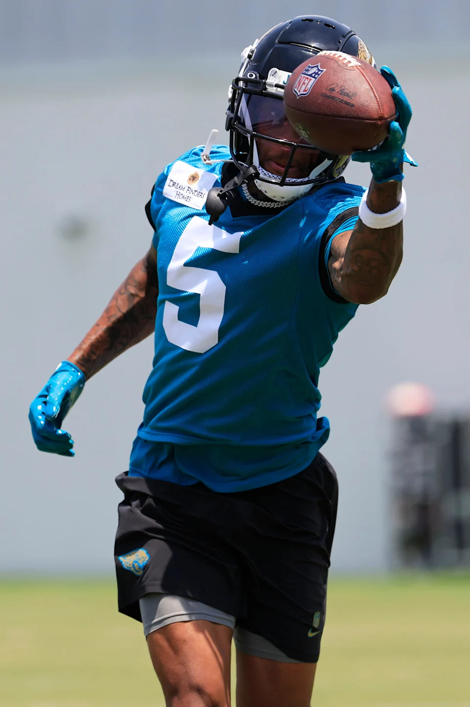 Jacksonville Jaguars wide receiver Dyami Brown (5) catches a pass during the first organized team activity at Miller Electric Center Monday, May 19, 2025 in Jacksonville, Fla.