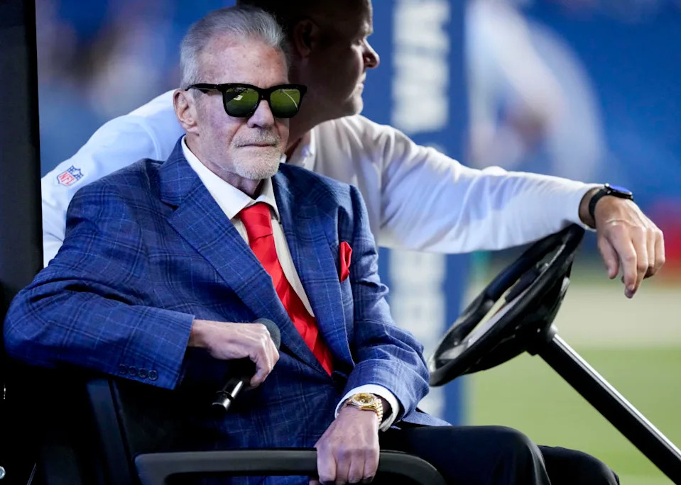Indianapolis Colts owner Jim Irsay sits in a golf cart during a Ring of Honor ceremony for Dallas Clark during a game against the Miami Dolphins at Lucas Oil Stadium.Grace Hollars&sol;IndyStar USA TODAY Network via Imagn Images