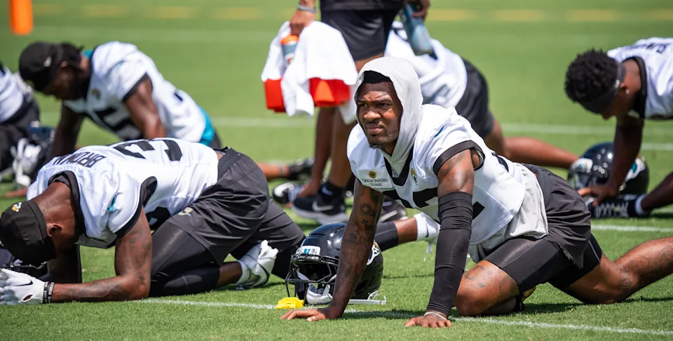 Jacksonville Jaguars cornerback Jarrian Jones (22) stretches of during the fourth organized team activity at the Miller Electric Center in Jacksonville, Fla. Tuesday, May 27, 2025. [Doug Engle/Florida Times-Union]