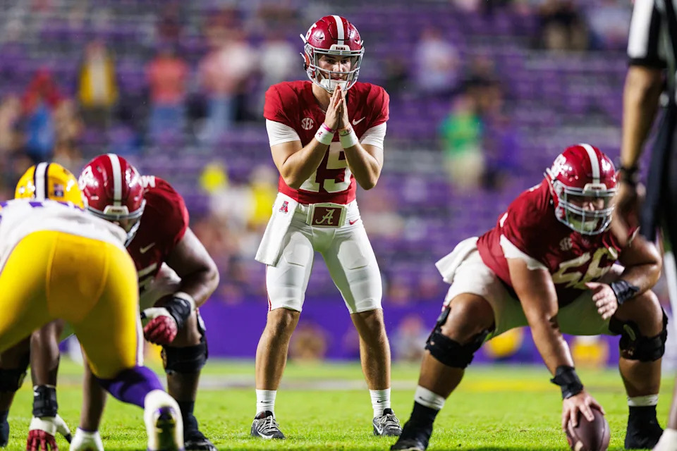 Nov 9, 2024; Baton Rouge, Louisiana, USA; Alabama Crimson Tide quarterback Ty Simpson (15) calls for the ball against the LSU Tigers during the second half at Tiger Stadium. Mandatory Credit: Stephen Lew-Imagn Images