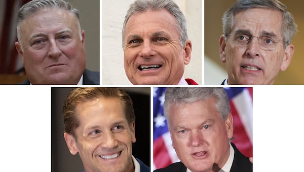 Top row: Insurance Commissioner John King; U.S. Rep. Buddy Carter of St. Simons Island, Secretary of State Brad Raffensperger. Bottom row: U.S. Reps. Rich McCormick of Suwanee and Mike Collins of Jackson.
