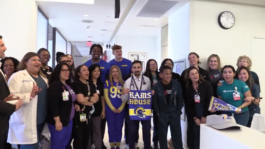 Rams players pose with patients during a visit to Cedars-Sinai on June 13, 2025. (Cedars-Sinai)