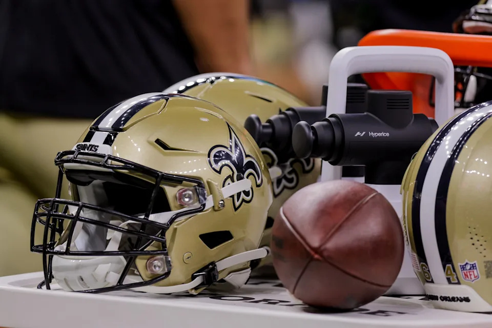 Aug 26, 2022; New Orleans, Louisiana, USA; A detailed view of New Orleans Saints helmets during the game against the Los Angeles Chargers in the first half at Caesars Superdome. Mandatory Credit: Stephen Lew-USA TODAY Sports