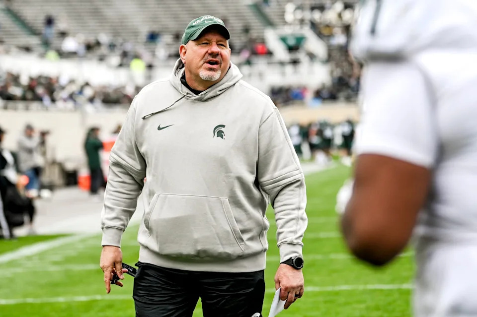 Michigan State offensive line coach Jim Michalczik works with players during the Spring Showcase on Saturday, April 20, 2024, at Spartan Stadium in East Lansing.